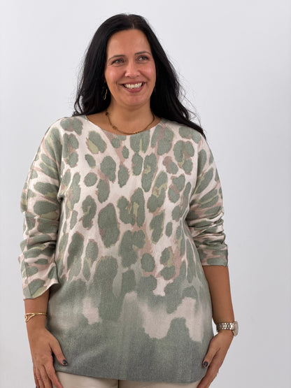 Pullover in modernem Khaki mit ausdrucksstarkem Fantasiemuster (40-44)