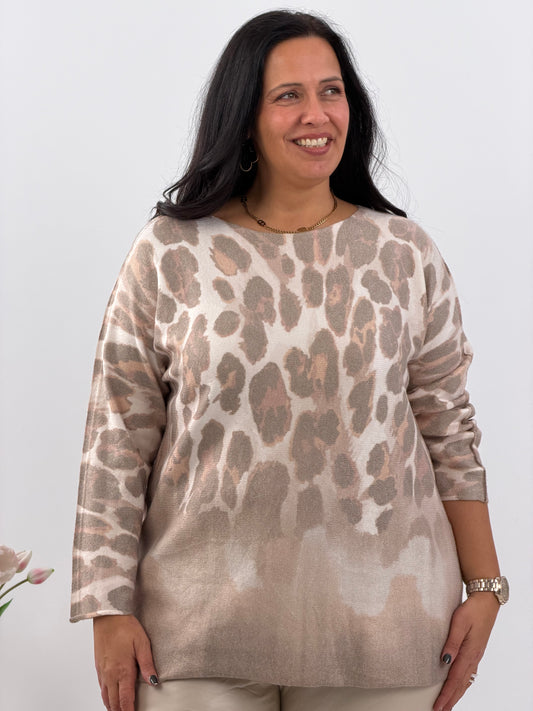 Pullover in Camel mit ausdrucksstarkem Fantasiemuster (40-44)