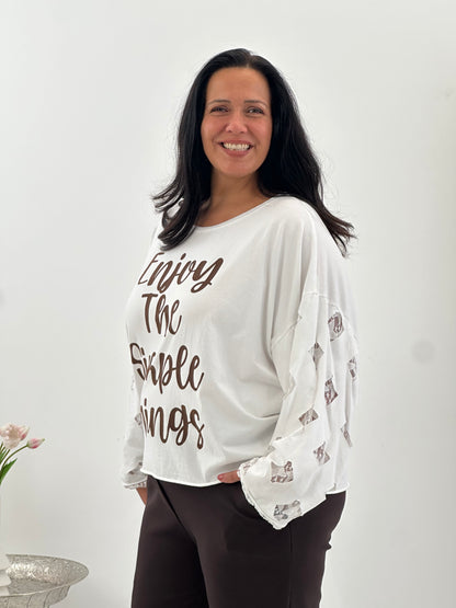 Shirt in Weiß mit stilvollen Schoko-Akzenten (40-44)