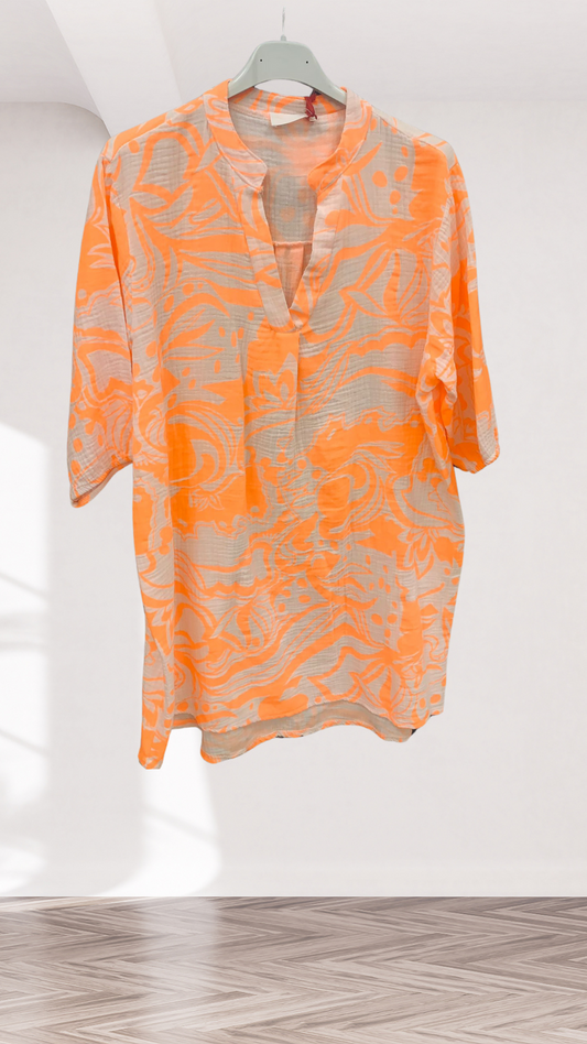 Musselin Tunika in Weiß-Neonorange (38-42)