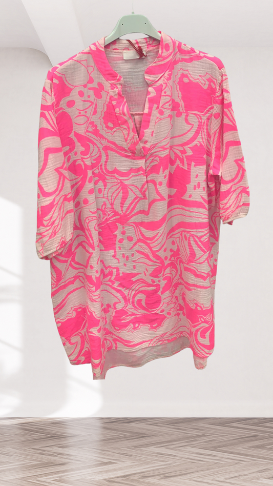 Musselin Tunika in Weiß-Neonpink (38-42)